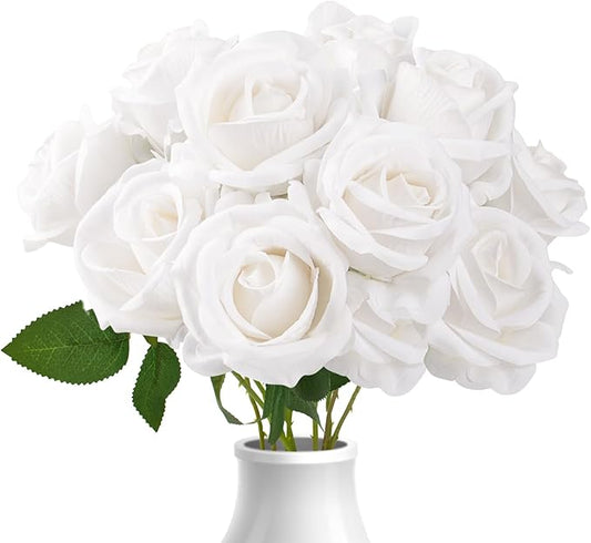 Roses Artificial Flowers 10 Pack in Bulk, White Fake Roses Flowers Realistic Roses for Wedding Home Party Decoration Event Gift