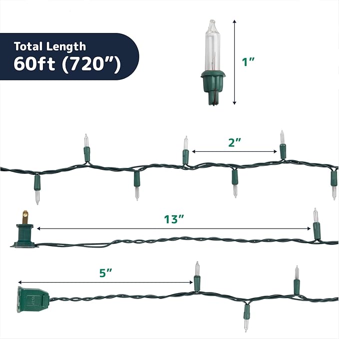 PREXTEX 300 Count Clear Christmas Tree Lights with Green Wire - 60 ft Warm White Twinkle Lights for Indoor or Outdoor Use - Holiday Fairy String Lights for Christmas Trees, Patios, and More