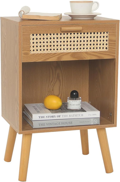 Mid Century Modern Nightstand, Rattan Bedside Table with Drawer and Open Shelf, Wood Nightstand Modern Side Table for Living Room, Bedroom and Small Space, Brown