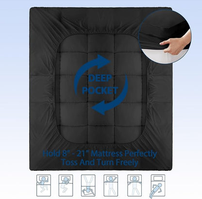 ELEMUSE King Black Cooling Bamboo Viscose Mattress Topper for Back Pain, Extra Thick Mattress Pad Cover, Plush Soft Pillowtop with Elastic Deep Pocket, Overfilled Down Alternative Filling