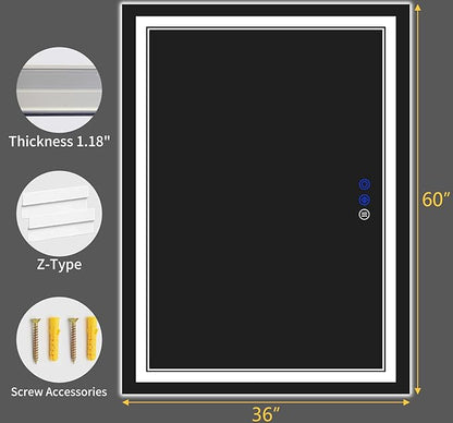60"x36" LED Bathroom Mirror with Anti-Fog, Stepless Dimmable Lights, 3 Color Modes, Shatter-Proof Tempered Glass, Memory Function & Waterproof Design