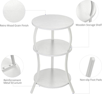Vintage Small Round Side Table, 3-Tier Slim Waist Circular End Table with Storage Shelf, Compact Tea Sofa Table, Round Corner Coffee Table Nightstand for Living Room Bedroom Small Spaces,White
