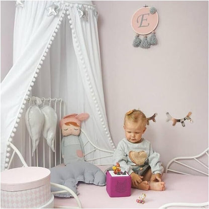 Bed Canopy with Pom Pom Cotton Canopy for Kids Crib Baby Girl Netting Cover Canopy Crib Curtain Reading Nook Hanging Tent Nursery Play Game Castle Room Decoration (White)