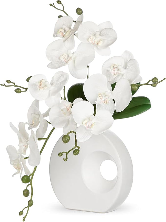 Briful Artificial Orchid White Flowers in Modern Ceramic Vase 15.7" Tall Faux Orchid Arrangement Silk Orchid Flower Fake Orchid Centerpiece for Home Office Room Wedding Table Décor