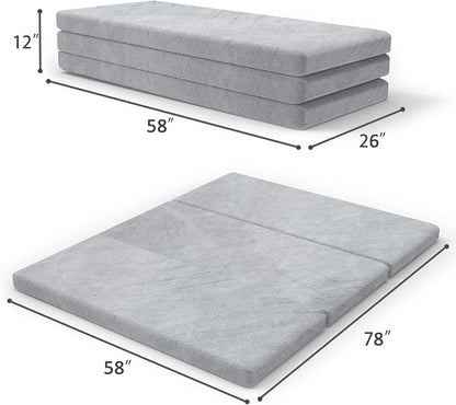 SINWEEK Tri-Folding Mattress with Storage Bag - 4" Foldable Foam Topper Cot Mattress, Guest Bed with Machine Washable Cover & Waterproof Lining, CertiPUR-US Certified (58 x 78 Inch)