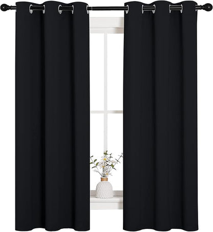 NICETOWN Living Room Blackout Curtains and Drapes, Black Solid Thermal Insulated Grommet Blackout Drapery Panels for Window (2 Panels, 34 inches Wide by 63 inches Long, Black)