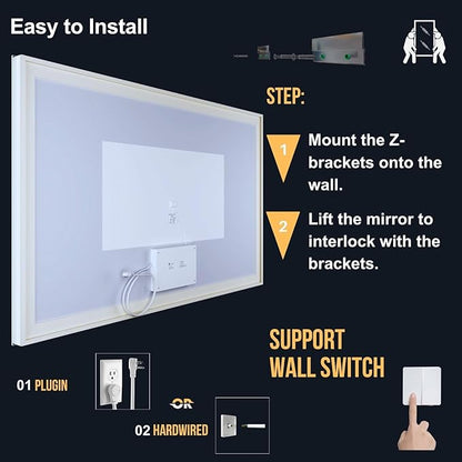LED Bathroom Mirror 55"x 30",Front Lit and Backlit Bathroom Mirror with Lights,Stepless Dimmable,Anti-Fog, Shatter-Proof, Memory, 3 Colors Lighted Vanity Mirror (Horizontal/Vertical)