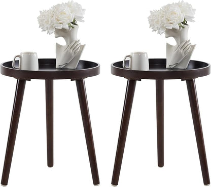Apicizon Brown Round Side Table Set of 2, Tray Nightstand Sofa Coffee End Table for Living Room, Bedroom, Small Spaces, Easy Assembly Bedside Table, 15 x 18 Inches, Brown