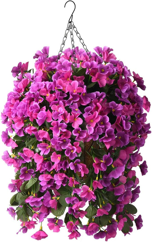 INQCMY Artificial Fake Hanging Plants Flowers Basket for Summer Outdoor Outside Decoration,Faux Silk Begonia Flower in Planter Look Real UV Resistant for Home Porch Patio Balcony Yard Decor