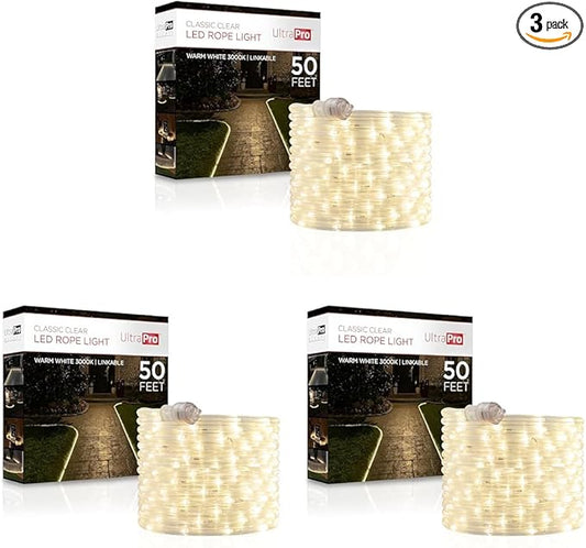 UltraPro LED Rope Lights, 50ft Classic Clear Rope, Warm White Light 3000K, Indoor/Outdoor, Flexible, Linkable, Durable, Rope-Lights Outdoor, 54505 (Pack of 3)