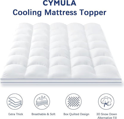 CYMULA California King Mattress Topper, Cooling Mattress Pad Cover, Extra Thick Pillow Top Mattress Topper with 8-21 Inch Elasticated Deep Pockets, Plush Down Alternative Fill Mattress Protector