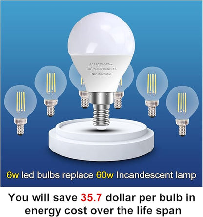 GOSCHE 6 Pack Bright Ceiling Fan Light Bulbs, 60 Watt Equivalent, E12 Led Bulb, A15 Shape Candelabra Base Chandelier Light Bulb, 120V Small Bulb, Non-Dimmable, Daylight 5000K, 6 Pcs