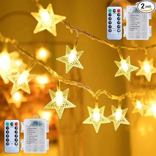 Brightown Star String Lights - 2 Pack Total 33ft 100 LED Star Fairy Lights Battery Operated with Remote for Indoor Outdoor, Twinkle Fairy Christmas Light for Bedroom Wedding Party Decor, Warm White