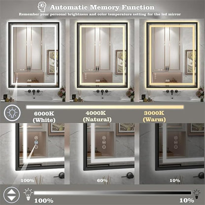 28"x 36" LED Bathroom Mirror with Black Frame, Stepless Dimmable, Anti-Fog, Shatter-Proof, Memory, 3 Colors, LED Vanity Mirror