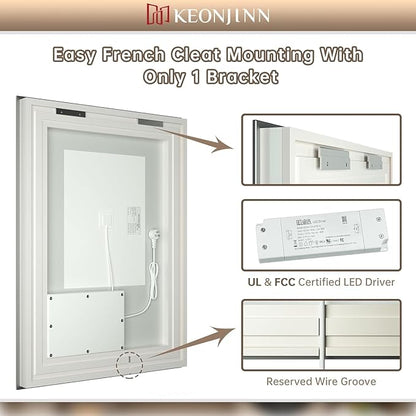 Keonjinn LED Bathroom Mirror 48 x 36 in with Backlit and Front Lights, Stepless 3 Colors Temperature & Dimmable Wall Mirror, UL Listed LED Driver, Tempered Glass Double Lighted Bathroom Vanity Mirror