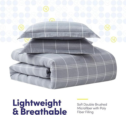 7 Piece Comforter Set Bag Solid Color All Season Soft Down Alternative Blanket & Luxurious Microfiber Bed Sheets, Full, Gray Plaid