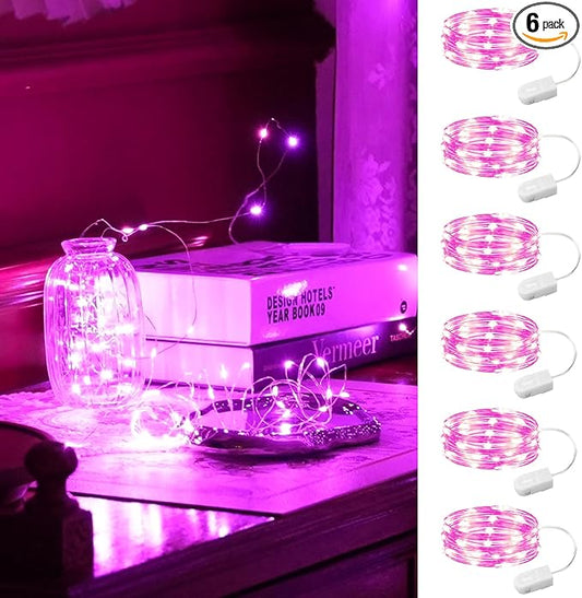 HXWEIYE 6 Pack Pink Fairy Lights Battery Operated, 7ft 20LED Mini Fairy Mason Jar Light, Waterproof Firefly Starry Lights for DIY Wedding Party Bedroom Patio Christmas Décor
