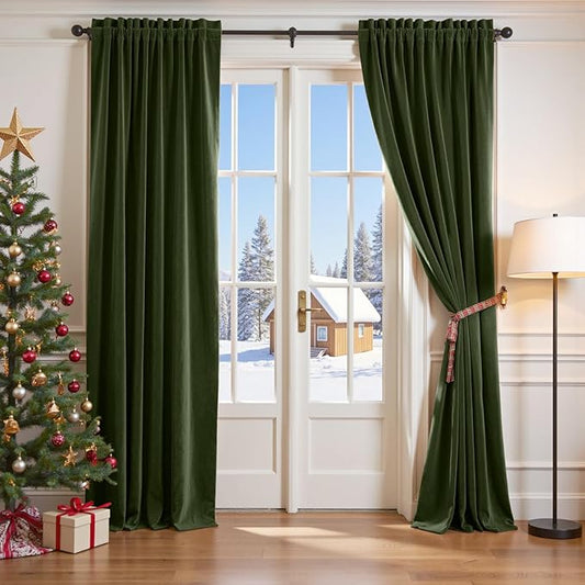 Lazzzy Velvet Blackout Curtains Thermal Insulated Room Window Drapes Super Soft Luxury Curtains for Living Room Bedroom Rod Pocket 2 Panels, Moss, 52" W x 90" L