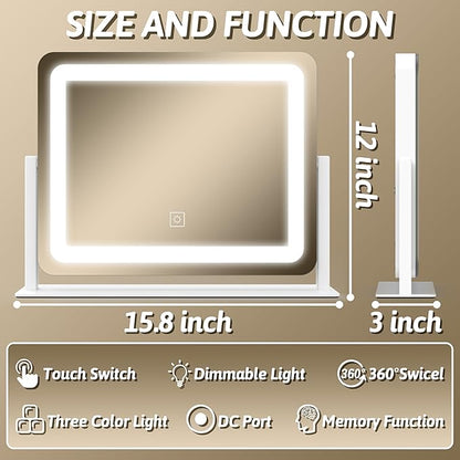 FENNIO Vanity Mirror with Lights, 12" x 16" Lighted Makeup Mirror with Smart Touch Control, 3 Color Modes & Brightness Adjustable, LED Makeup Mirror with 10X Magnification, 360° Rotation for Bedroom