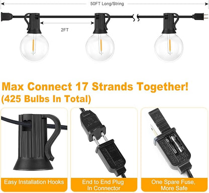 50FT Outdoor G40 LED Globe String Lights Dimmable Waterproof Shatterproof Light Strings with 25 Bulbs Connectable Commercial Hanging Lights for Christmas Patio House Backyard Balcony Party