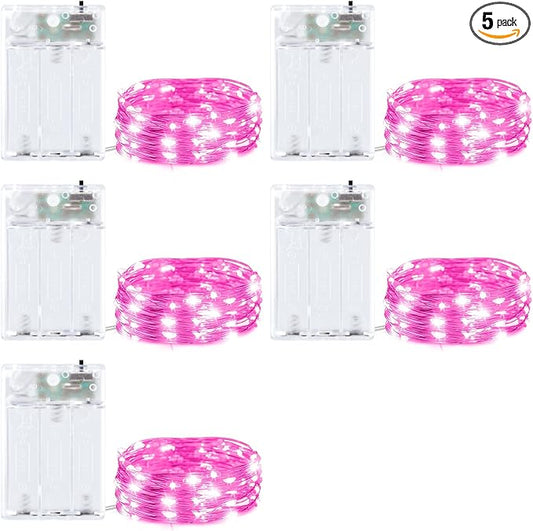 5 Pack Fairy Lights Battery Operated, 7 Feet 20 Led String Lights with Timer, Waterproof Firefly Lights on Silver Wire for Home Party Wedding Christmas Decorations, 6 Hours on/18 Hours Off, Pink