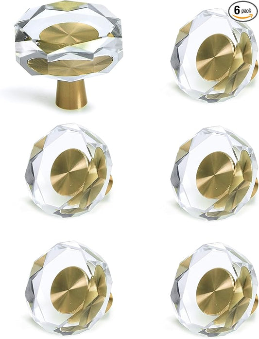 JEREVER 6 Pack Glass Crystal Knobs Brass Drawer Pull Cabinet Handle Gold Furniture Hardware for Dresser Kitchen (Polygon)