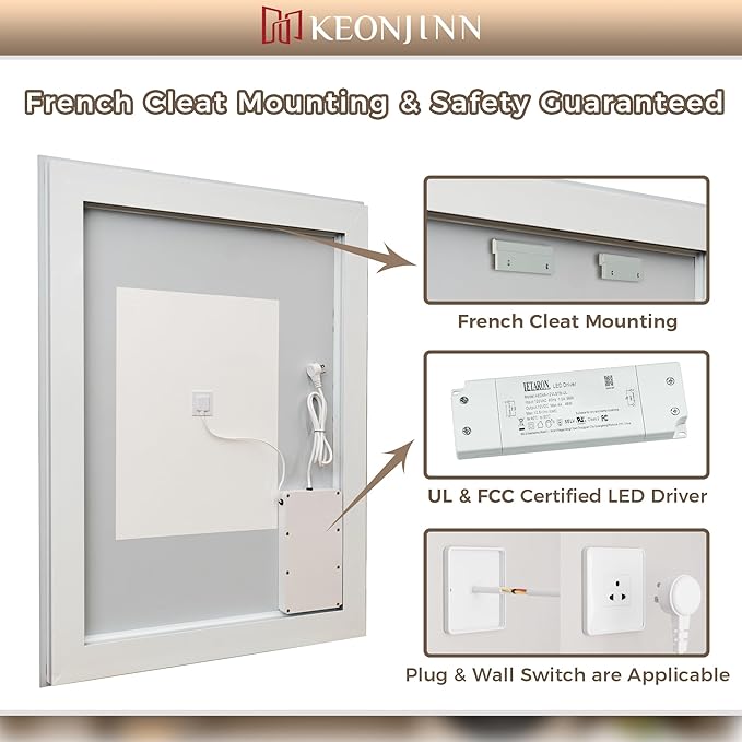 Keonjinn Bathroom Mirror with Lights 47.6" x 35.8" with Backlit and Front Light, Stepless 3 Colors Temperature Dimmable LED Bathroom Mirror, UL Listed LED Driver, Tempered Glass Lighted Vanity Mirror