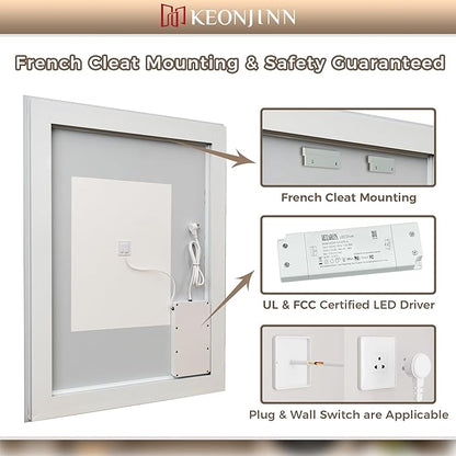 Keonjinn Bathroom Mirror with Lights 47.6" x 35.8" with Backlit and Front Light, Stepless 3 Colors Temperature Dimmable LED Bathroom Mirror, UL Listed LED Driver, Tempered Glass Lighted Vanity Mirror