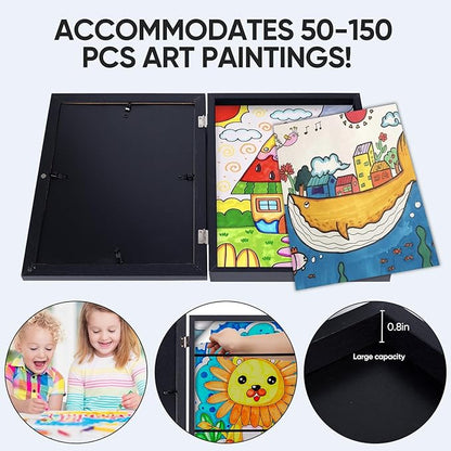 Kids Artwork Frames Changeable - Front Opening Holds 150, Children Art Projects, 10x12.5 Picture Frame for Display, With Storage (Black)