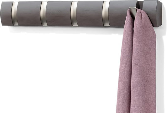 Umbra Flip Wall Mounted Floating Rack – Modern, Sleek, Space-Saving Coat Hanger with 5 Retractable, Driftwood/Nickel Hook