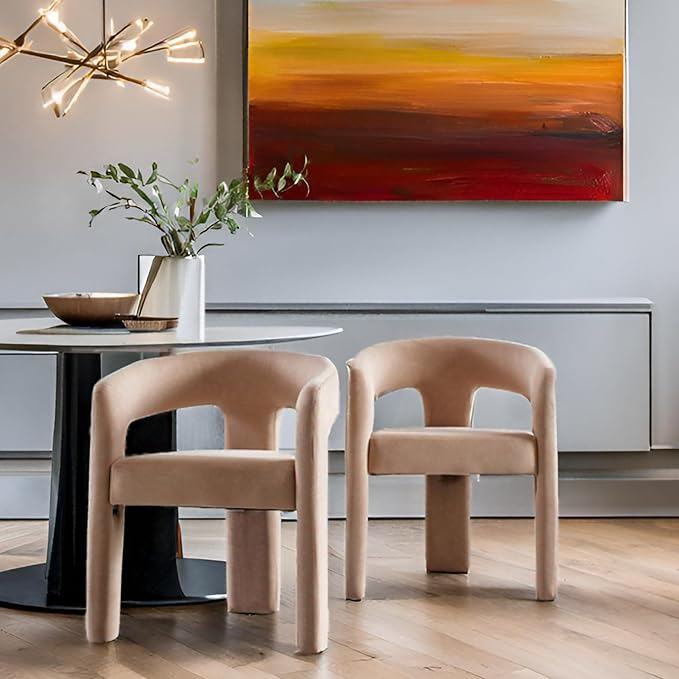 Modern Barrel Dining Chairs Set of 6, Velvet Upholstered Accent Side Chair with Arms Comfy Makeup Vanity Chairs, Dining Living Room Kitchen Chairs, Khaki