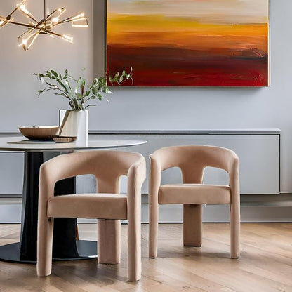 Modern Barrel Dining Chairs Set of 6, Velvet Upholstered Accent Side Chair with Arms Comfy Makeup Vanity Chairs, Dining Living Room Kitchen Chairs, Khaki