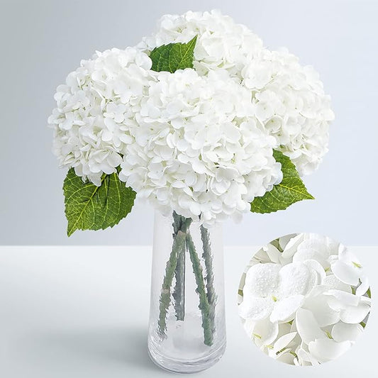 Waipfaru 21" Real Touch White Hydrangea Artificial Flowers with Long Stem & Leaves, Full Latex Faux Hydrangea Flowers for Home Decor Party Floral Arrangements Wedding Bouquets Centerpieces, 4Pcs