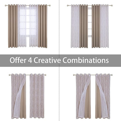 BONZER Mix and Match Curtains - 2 Pieces Branch Print Sheer Curtains and 2 Pieces Blackout Curtains for Bedroom Living Room Grommet Window Drapes, 54x63 Inch/Panel, Taupe, Set of 4 Panels