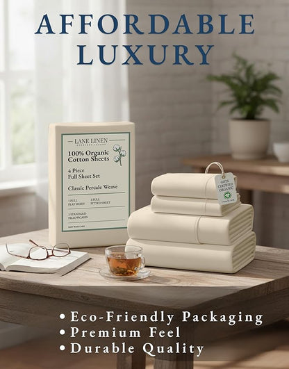 LANE LINEN 100% Organic Cotton Full Sheets Set, 4-Piece Pure Organic Cotton Percale Sheets, Long Staple Cotton Sheet, Ultra Soft Bedding Sheet, Breathable,Fits Mattress Upto 15" Deep - Natural