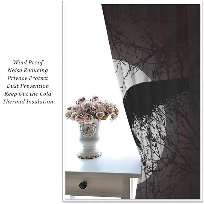 Cool Raven Print Curtains - Vintage Nordic Viking Theme Dead Tree Crow Full Moon Thermal Insulated Blackout Curtains - Rod Pocket Window Treatment Drapes for Bedroom 2 Panels 63L x 31.5W