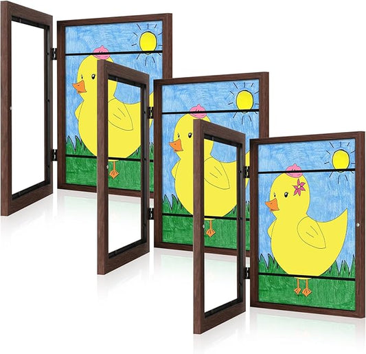 [3Pack] Kids Art Frames, 9x12 Front Opening Kids Artwork Frames Changeable, Brown Artwork Display Storage Frame for Wall, Holds 50 Pcs, for 3D Picture, Crafts, Children Drawing, Hanging Art, Portfolio