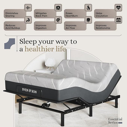Sven and Son Essential Adjustable Bed Base (Frame) + 10 inch Memory Foam Matt (Firm), Easy Assembly, Head and Foot Lift, Memory Positions, Zero Gravity, Wireless Remote - Full