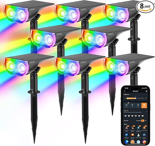 Linkind Smart Solar Spot Lights Outdoor SL5C, Solar Lights Outdoor Spotlight Color Changing APP/Voice Control Landscape Lighting, IP67 Christmas Halloween Decorations for Yard, Garden, Pathway(8 Pack)
