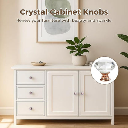 DEELF 12 Packs Kitchen Cabinet Knobs, 30 mm Crystal Cabinet Knobs, Diamond Dresser Handle Drawer Pulls, Dresser Knobs for Cabinets and Drawers, Rose Gold Base