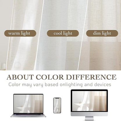 RYB HOME Ivory Sheer Curtains for Living Room, Linen Blend Filter Sunlight Glare Vertical Luxury for Bedroom Dining Office Window, Rod Pocket & Back Tab, W52 x L90, 2 Panels