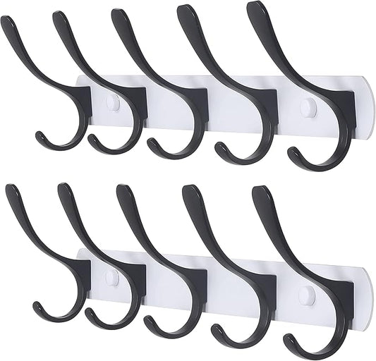 SKOLOO Modern Metal Wall Coat Rack with 5 Hooks, Pack of 2, Sturdy Wall Hook Rack Rail for Hanging Coat, Jacket, Clothes, Hat, Black on White