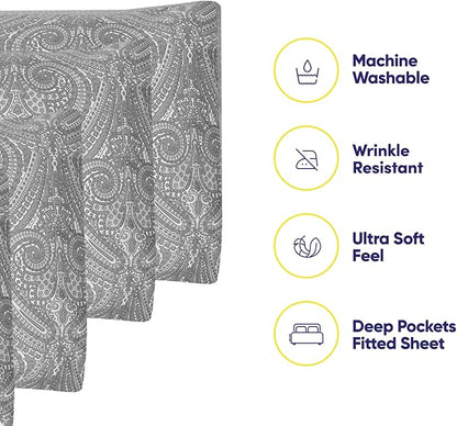 Cal King Size Bed Sheets - 6 Piece 1500 Supreme Collection Fine Brushed Microfiber Deep Pocket California King Sheet Set Bedding - 2 Extra Pillow Cases, Great Value, California King, Paisley Gray