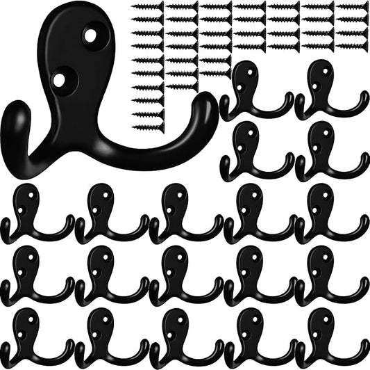 Coat Hooks Hardware,20 Pcs Wall Hooks Heavy Duty Hooks for Hanging Coats Double No Rust Hook Wall Mounted for Key, Towel, Bags, Cup, Hat (20pcs Black)