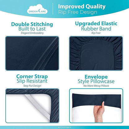 DREAMCARE Sheets Full Size Bed - Cooling Bed Sheets - 6pcs Set - Full Sheet Set - Full Size Sheets - Full Size Sheet Sets Soft & Long Lasting 100% Fine Brushed Polyester with Side Pocket - Navy Blue