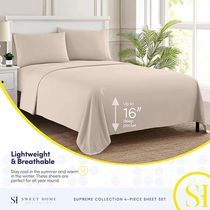 Twin XL Sheets - Breathable Luxury Sheets with Full Elastic & Secure Corner Straps Built In - 1800 Supreme Collection Extra Soft Deep Pocket Bedding Set, Sheet Set, Twin XL, Beige