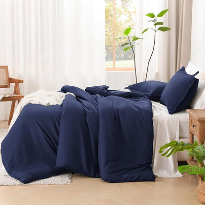 Litanika Navy Blue Comforter Set Full Size, 3 Pieces Boys Men Lightweight Solid Bedding Comforter Set, All Season Fluffy Down Alternative Bed Set (79x90In Comforter & 2 Pillowcases)
