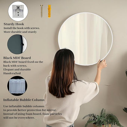 White Round Mirror 30 inch, Large Round Mirror, Bathroom Mirror Matte Metal Frame, Circle Mirrors for Living Room, Bathroom, Wall, Hallway.