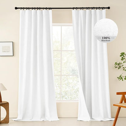 KangBang 100% Blackout Linen Curtains 120 Inches Long 2 Panel Sets, Rod Pocket Back Tab Energy Saving Window Treatment Room Darkening Curtains for High Windows, Pure White, 52Wx120L