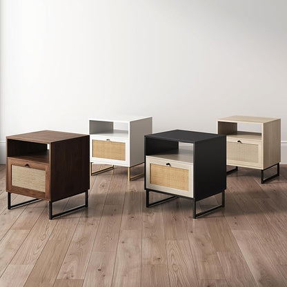 Nathan James Mina Side, End or Accent Table in a Natural Oak Wood Finish & Matte Black Accents with Storage for Living Room or Nightstand for Bedroom, Oak/Black, Set of 2